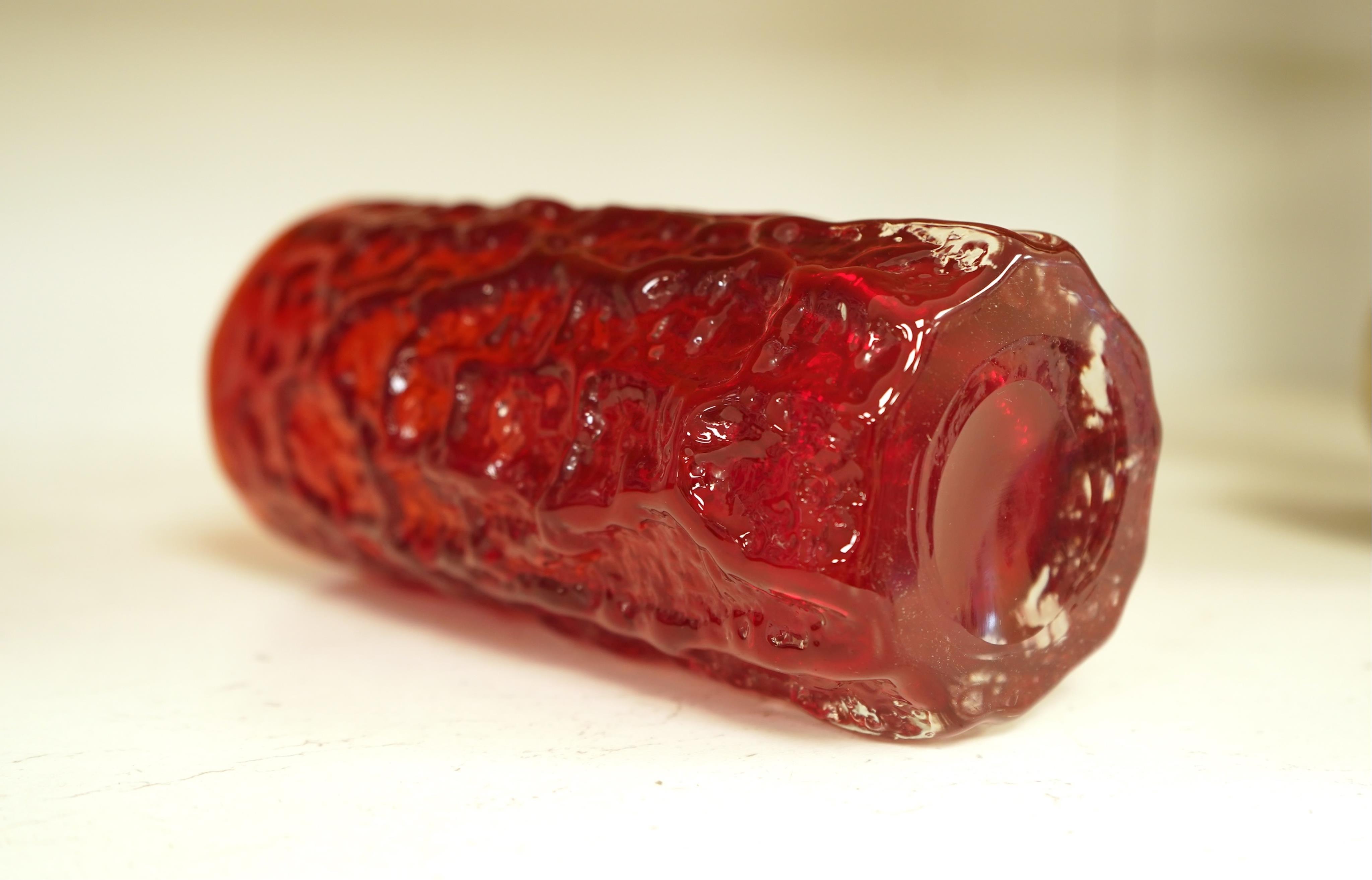 A Geoffrey Baxter for Whitefriars ruby red bark vase, 19cm high